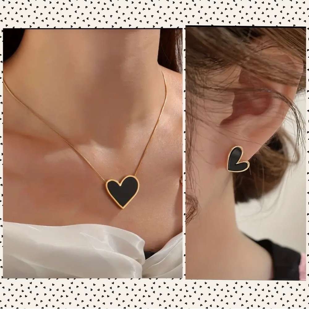 🖤18k Gold Plated Hypoallergenic Black  Heart Necklace and Earrings